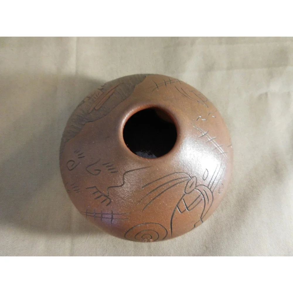 Southwest Red Clay Pottery Seed Pot Kokopelli Sgraffito Etched Art Blackhorse